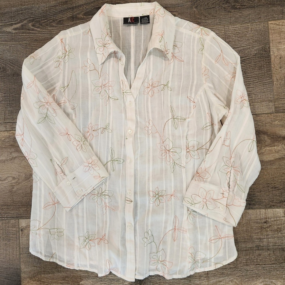 Vintage Y2K ALC Atlast Classics Embroidered Floral Shirt White Button Down XL